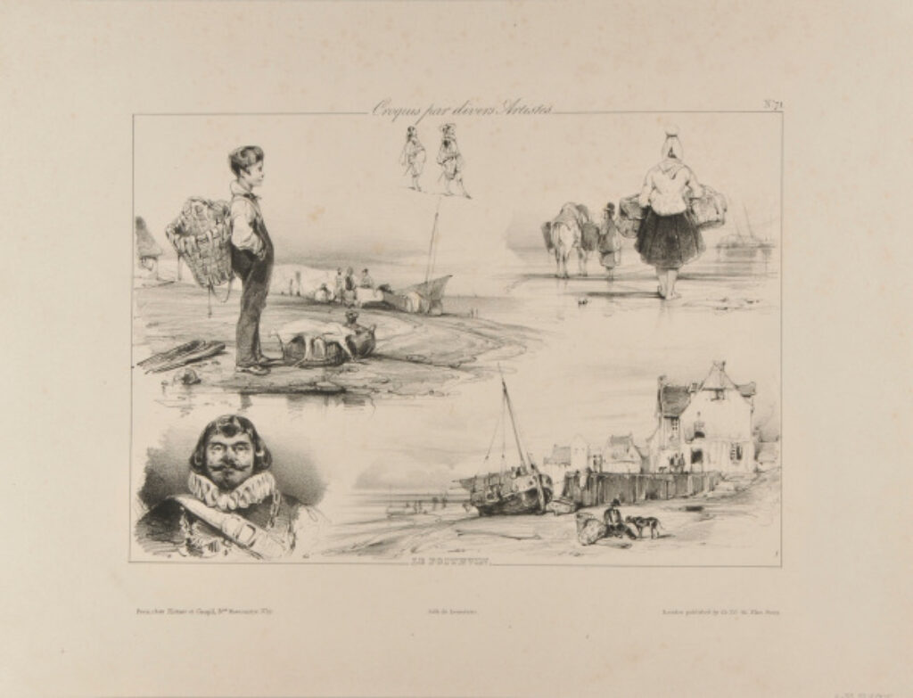 Sheet of Studies: Boy with Basket on His Back, Head of a Man, Fisherman and Dog