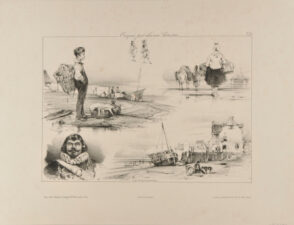 Sheet of Studies: Boy with Basket on His Back, Head of a Man, Fisherman and Dog