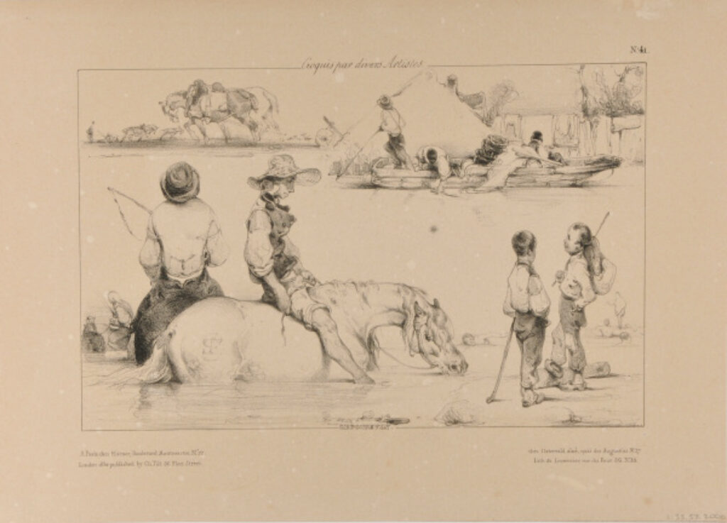 Sheet of Studies: Men on Horseback in the River, Children with Poles Over their Shoulders, etc.