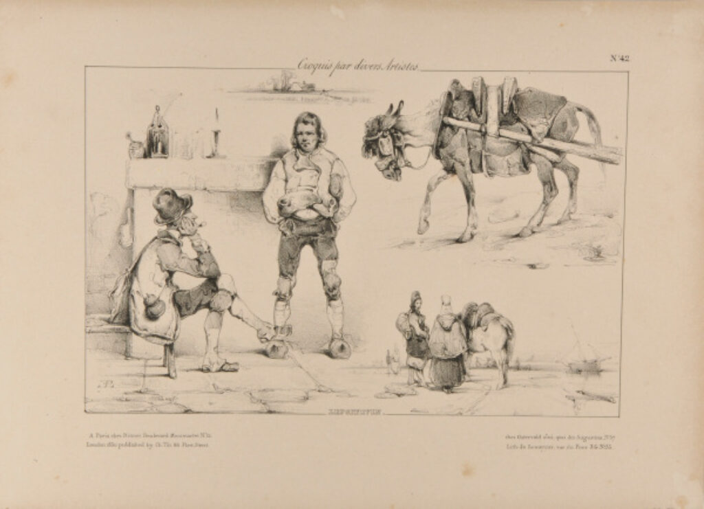 Sheet of Studies: Men in Front of a Fireplace, Harnessed Donkey, Women by the Sea etc.