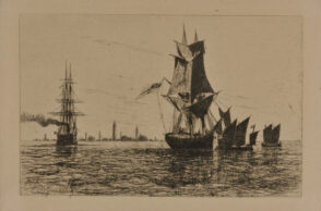 Seascape with Four Boats in the Harbor of a City in the Background