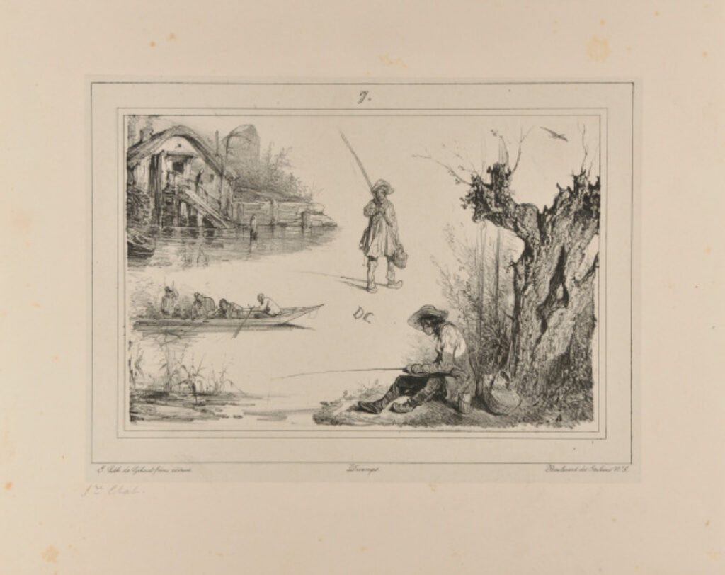 Sketches of a fishing cabin and fishermen