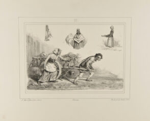 Sketches of a dead hare and bird, market women, and a man pulling a cart