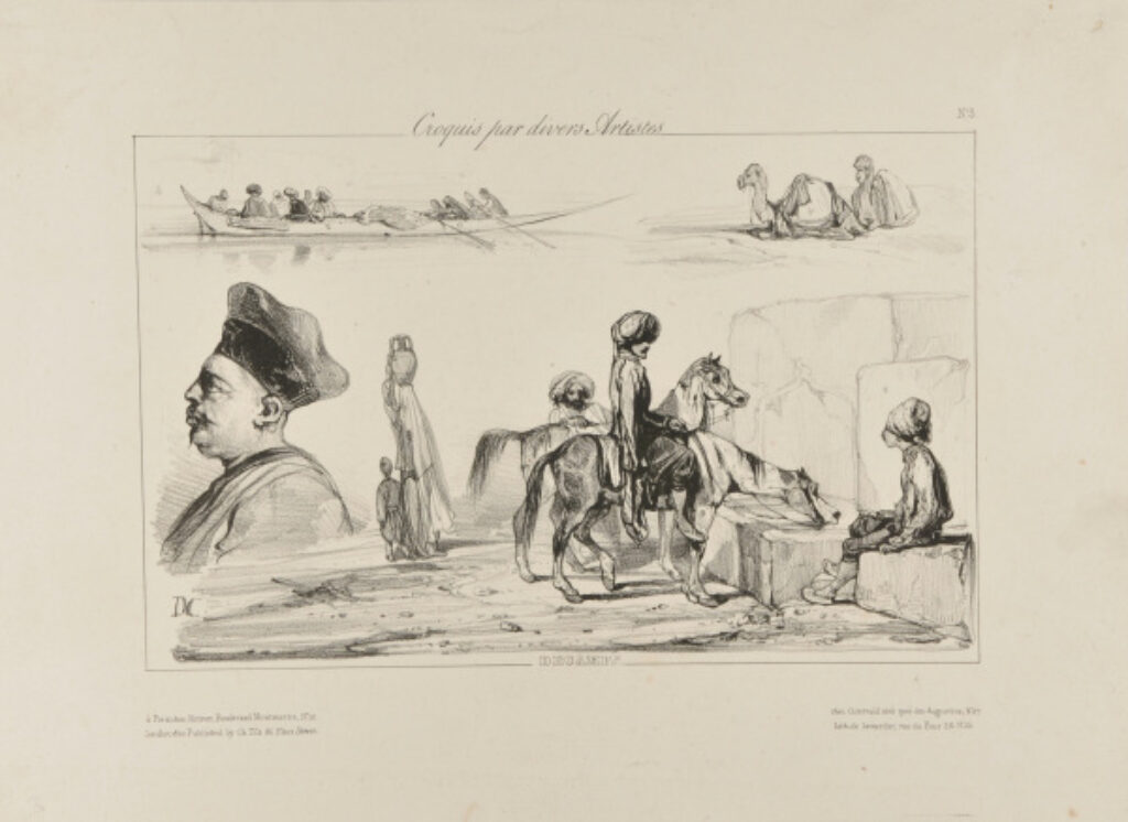 Sketches of a Turkish boat, camels, horses at a well, and Turkish figures