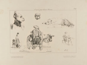 Sketches of monekys, dog, and Turkish figures