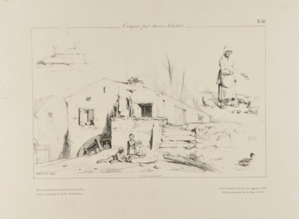 Sketches of a well, a woman feeding chickens, and children in front of a farmhouse