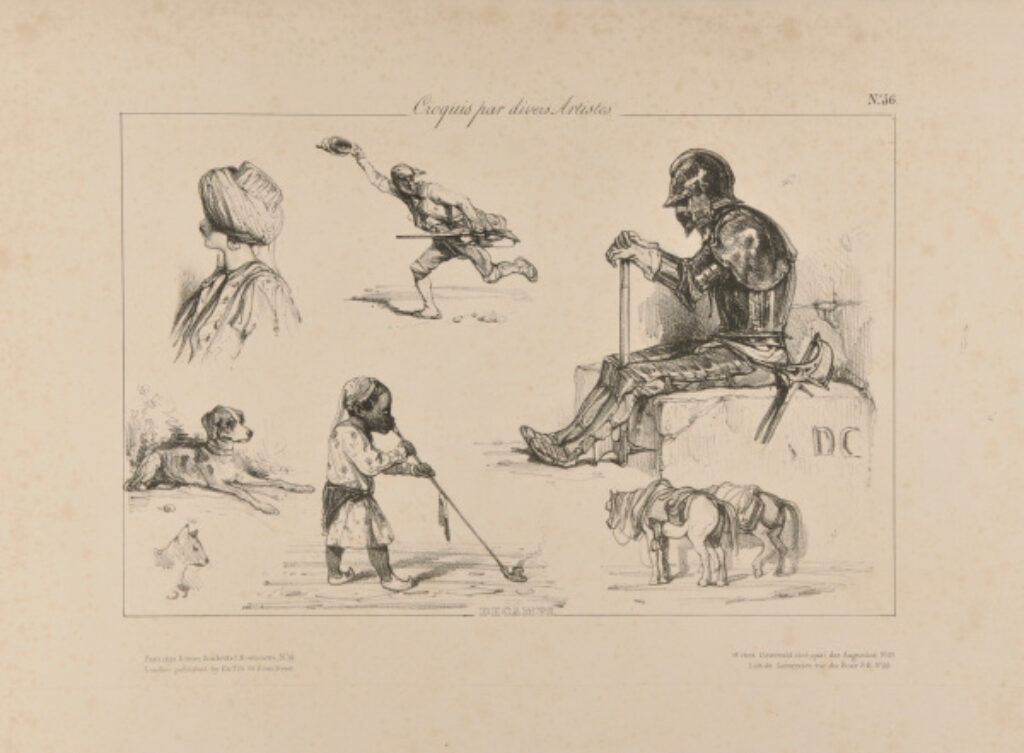 Sketches of a head of a Turk, a hunter, a dog, a cat, a child smoking, a man in a coat of armor, and horses