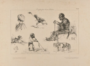 Sketches of a head of a Turk, a hunter, a dog, a cat, a child smoking, a man in a coat of armor, and horses