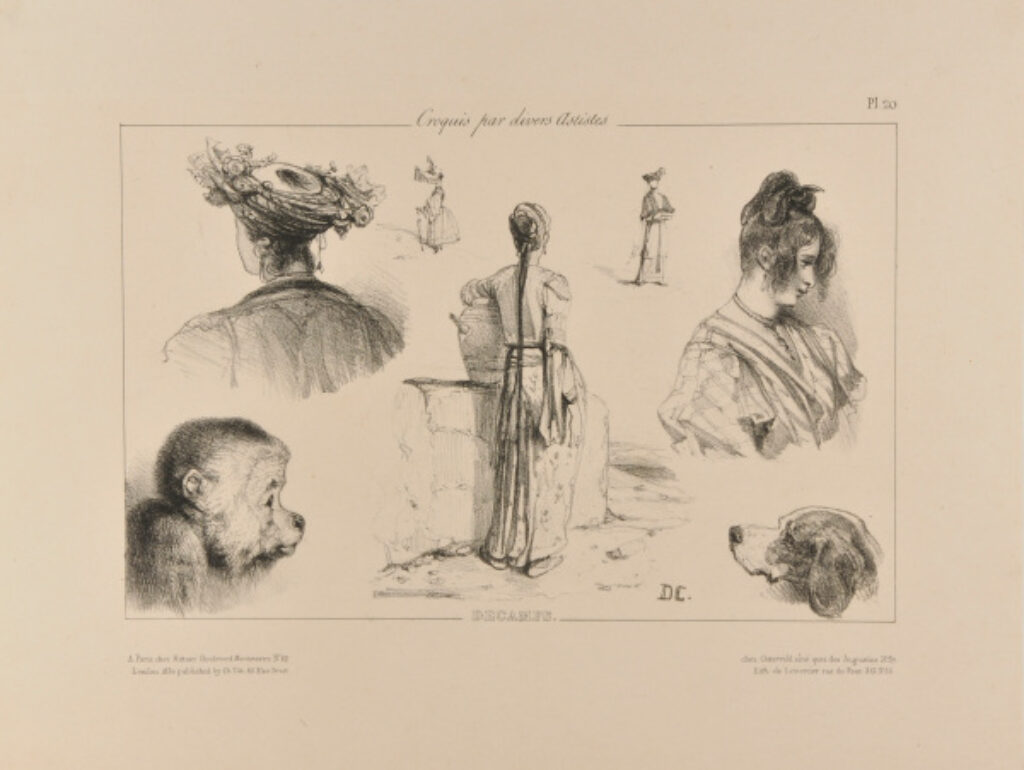 Sketches of French and Turkish women, a monkey, and a dog