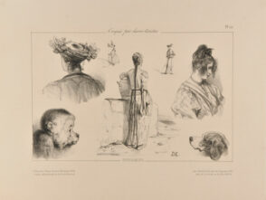 Sketches of French and Turkish women, a monkey, and a dog