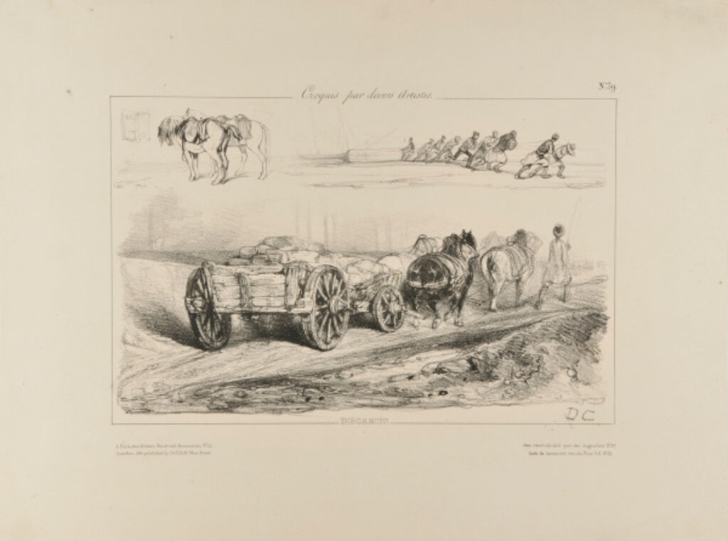 Sketches of tow horses, men hauling a boat, and horses pulling a cart