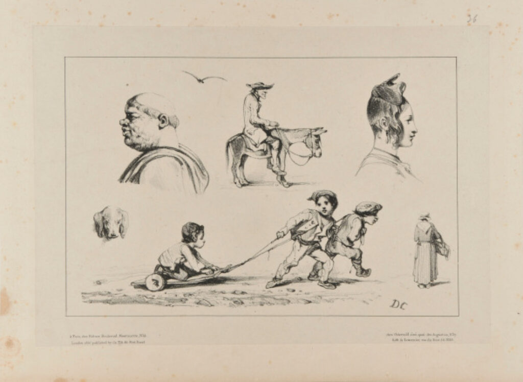 Sketches of a monk, a dog, man on a donkey, woman with fashionable hairdo, chlidren playing with a cart, and a peasant woman