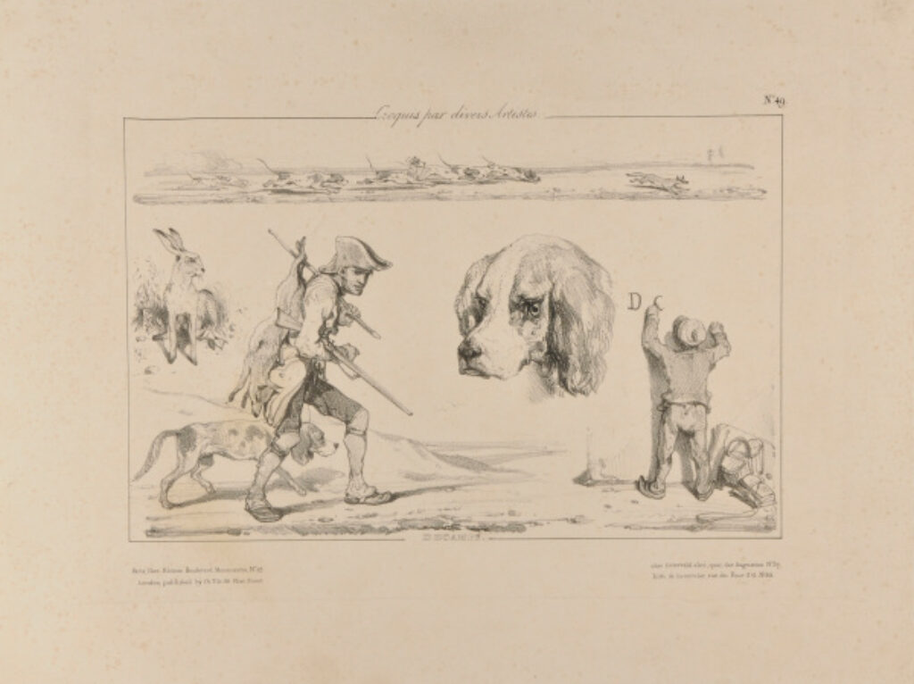 Sketches of fox hunting, a rabbit, a dog, and a child drawing on a wall