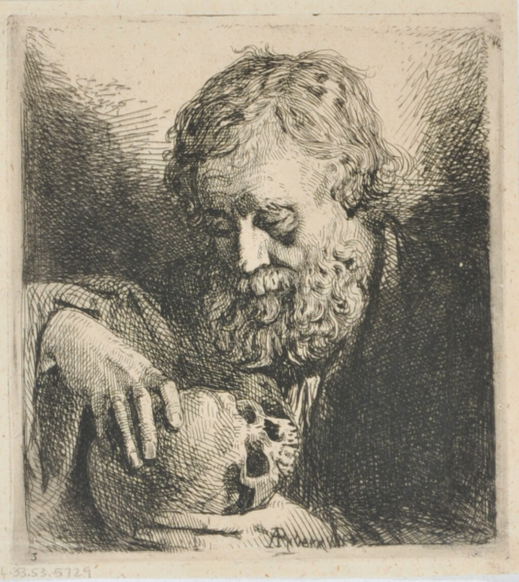 Bust of a bearded man contemplating a skull