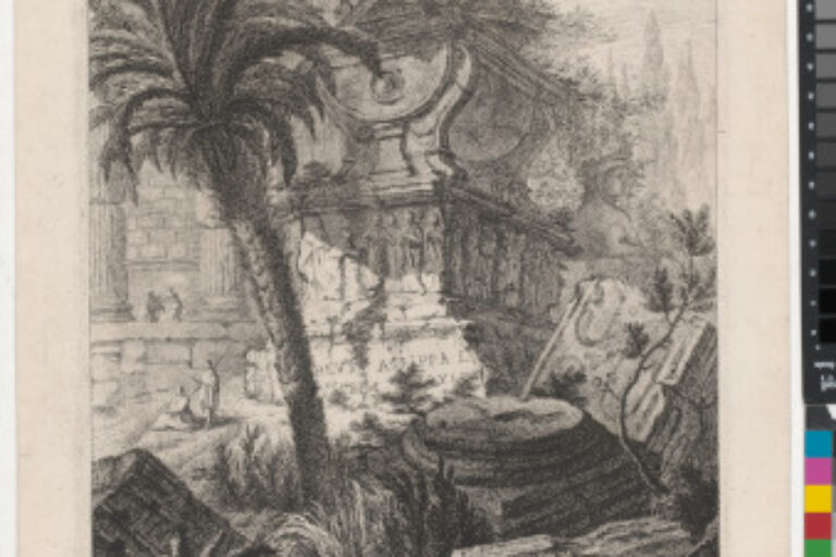 VESTIGGI D'ANTICHI EDIFICI FRA I QUALI EVVI L'URNA SEPOLCRALE TUTTA D'UN PEZZO DI PORFIDO DI MARCO AGRIPPA CHE OGGI SERVE PER IL SEPOLCRO DI CLEMENTE XII (REMAINS OF ANCIENT BUILDINGS AMONG WHICH STANDS THE SEPULCHRAL URN OF MARCUS AGRIPPA MADE ENTIRELY O
