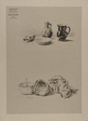Two jugs, a bottle, and bowl and three baskets