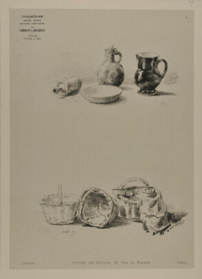 Two jugs, a bottle, and bowl and three baskets