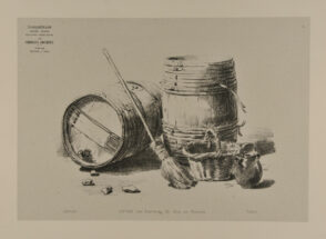 Two barrels, a broom, basket, and jug