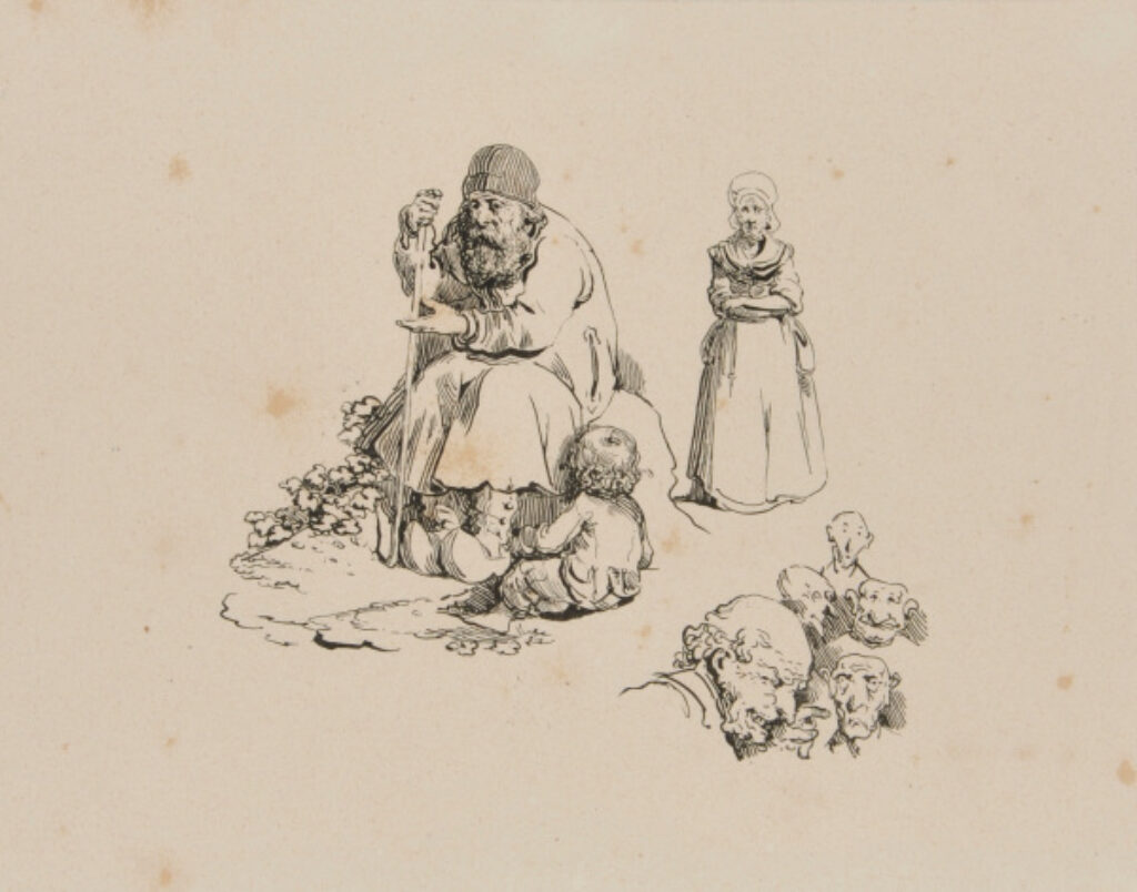Three sketches: old man begging with little child; old woman; grotesque heads