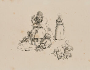Three sketches: old man begging with little child; old woman; grotesque heads