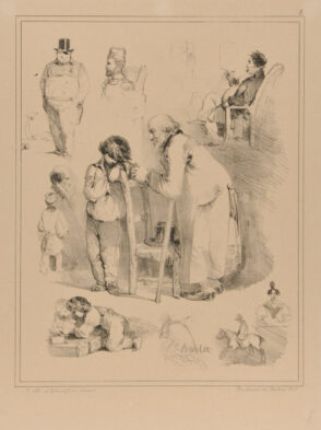 Sheet of sketches: Old man and young boy in the center