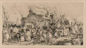 Army on the road, windmill in the background