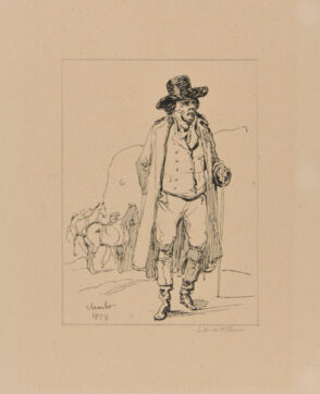 Man with walking stick, horses in the background