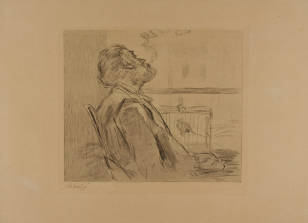 Fumeur près d’un oiseau en cage