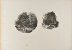 Sheet of two sketches: children with a cow; children in the woods