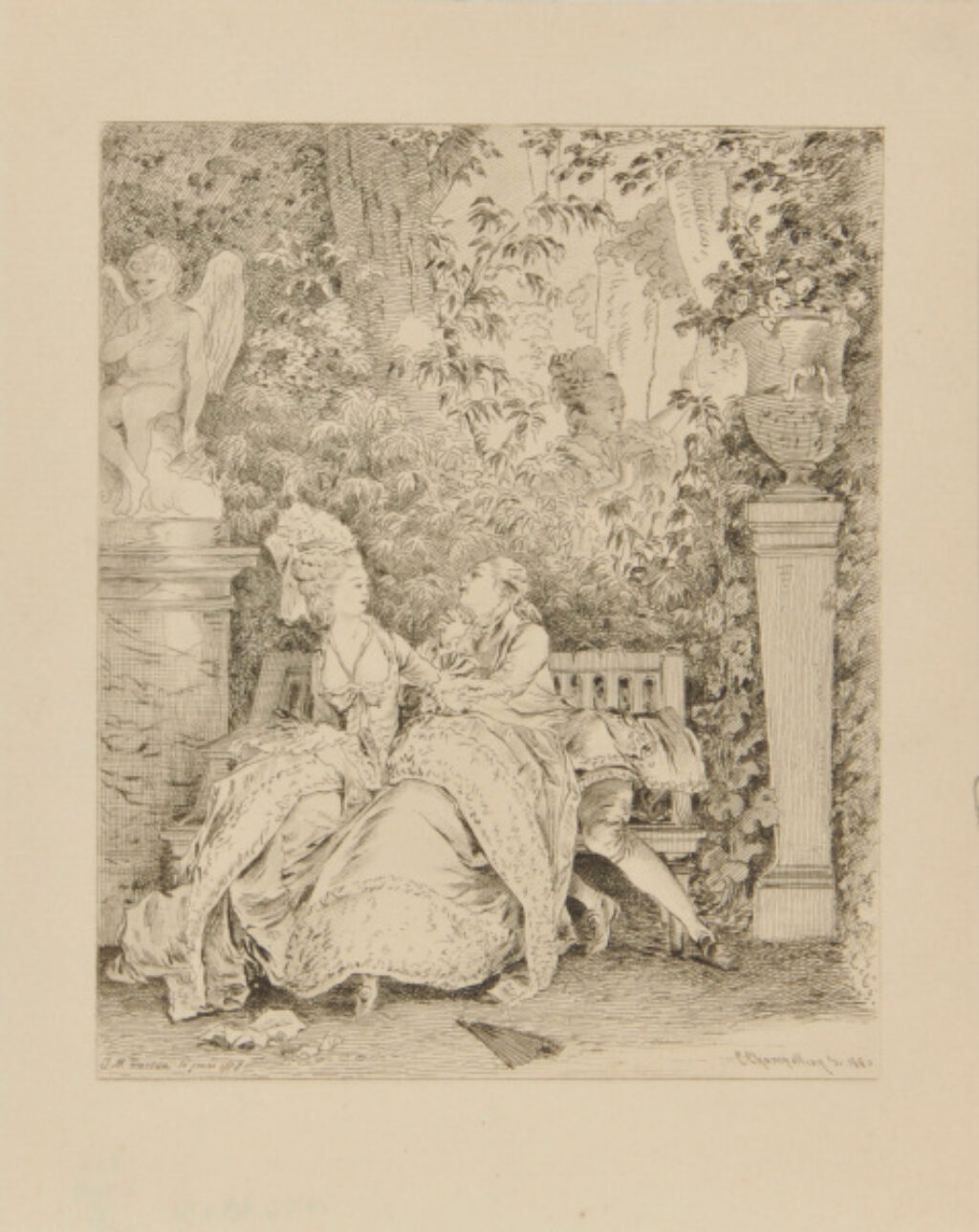 Man and woman sitting on a bench in garden