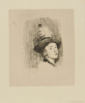 Boy wearing plumed hat, with mouth open