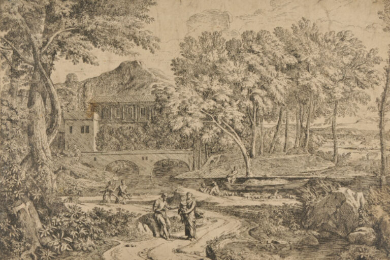 LANDSCAPE WITH A FLOCK OF SHEEP BY A RIVER