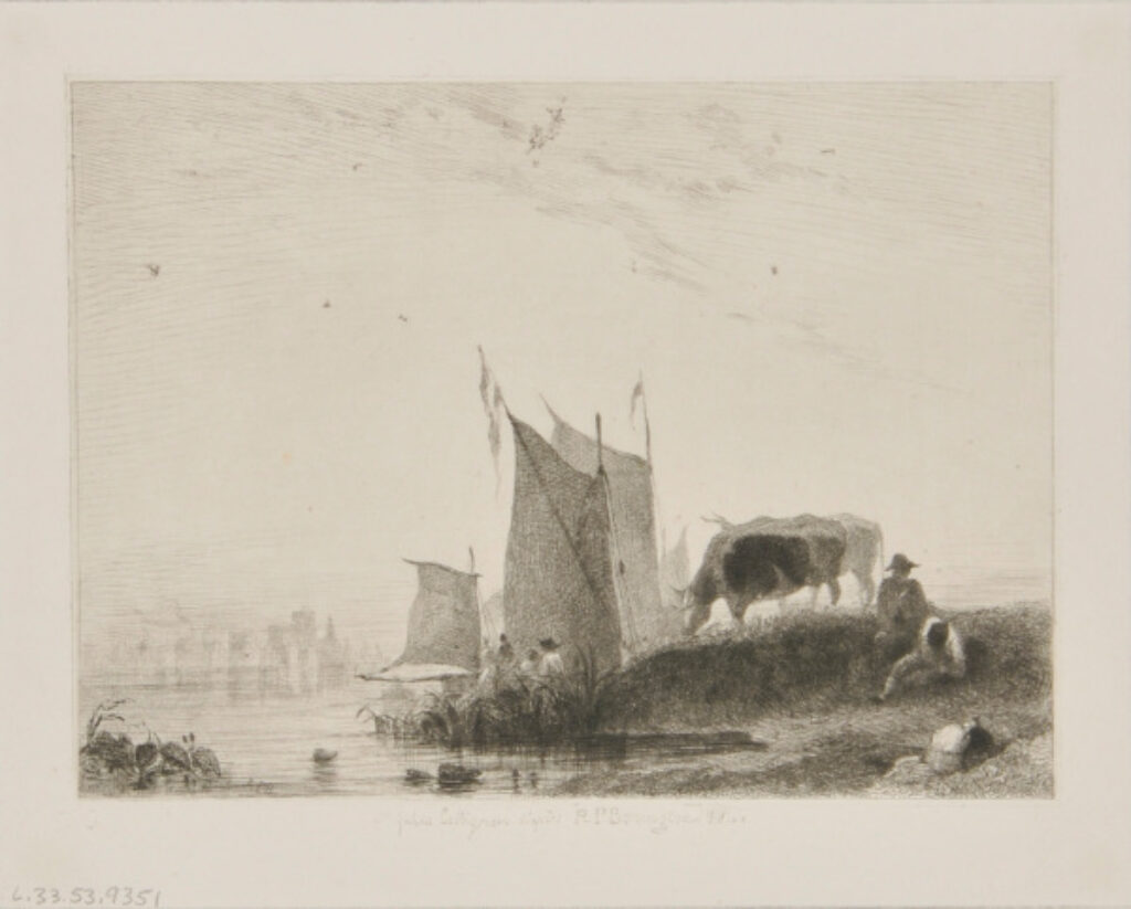 Cows grazing by water with ships