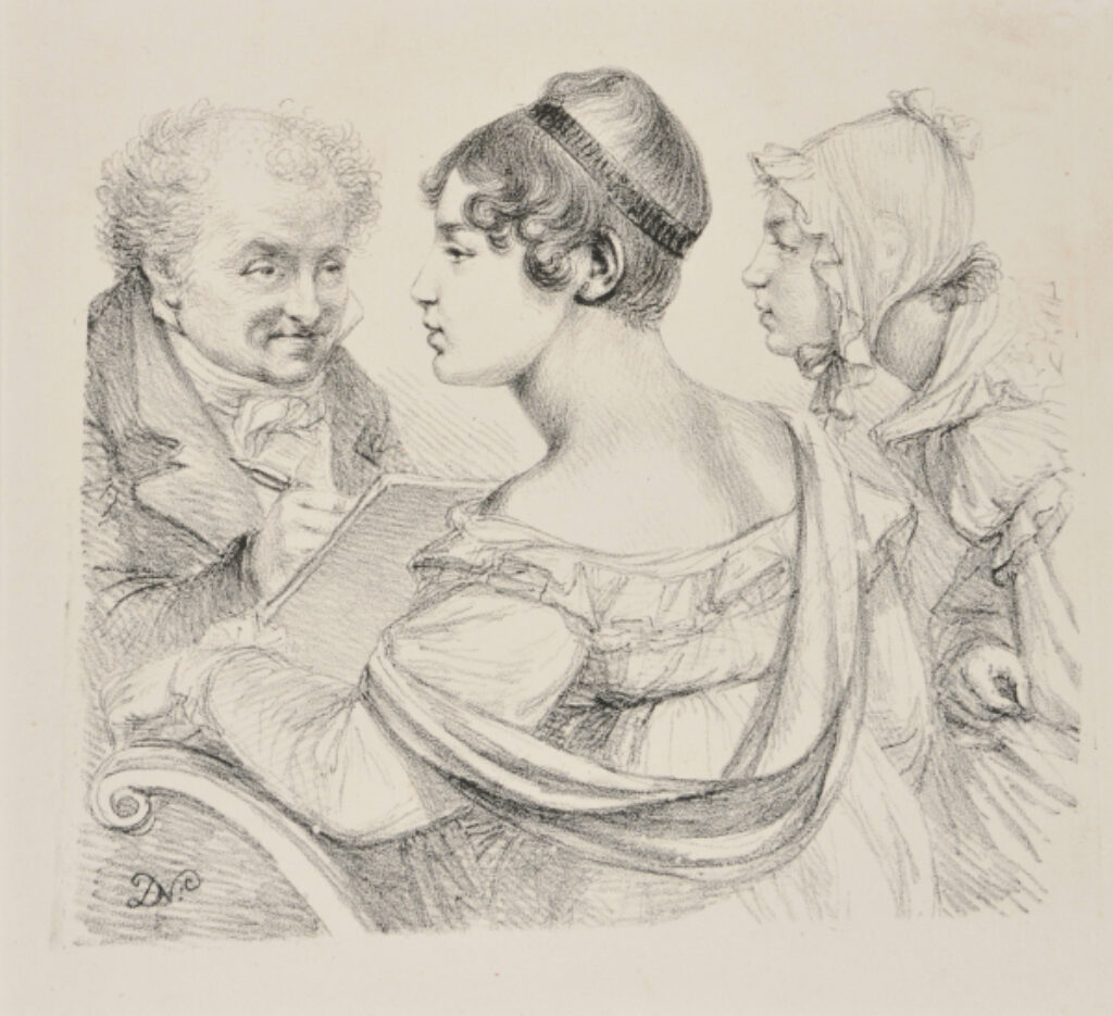 Man drawing a woman with servant looking on