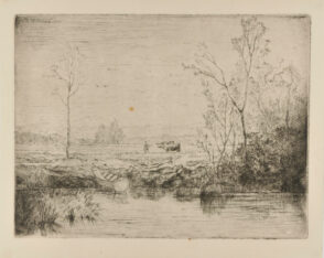 Landscape with Farmer and Two Cows in a Field Seen From the River
