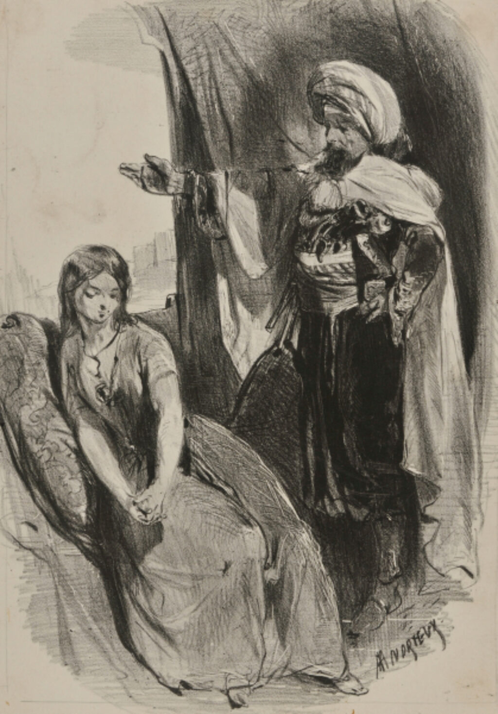 Turbaned Man Gesturing to a Disconsolate Woman