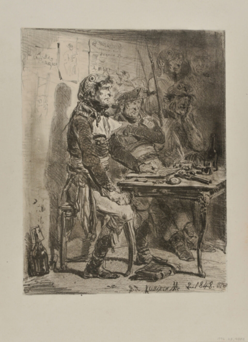 Officer Seated at a Table with Pistol, Watch and Wine; Soldiers in the Background.