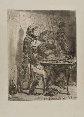 Officer Seated at a Table with Pistol, Watch and Wine; Soldiers in the Background.