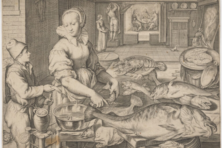DUTCH WOMAN AT TABLE WITH FISH