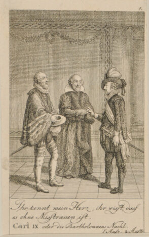 Plate 1 from Marie-Joseph Chénier’s “Bartholomäusnacht” for the “Göttinger Taschenkalender fur das Jahr 1791”