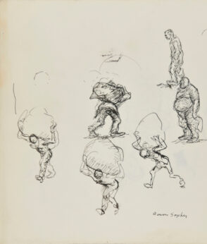Studies of Figures Carrying Large Objects (recto); Sketch of Woman Sitting on Stairs (verso)