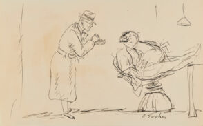 Standing Man with Trench Coat Talking to Seated Man with Cigar