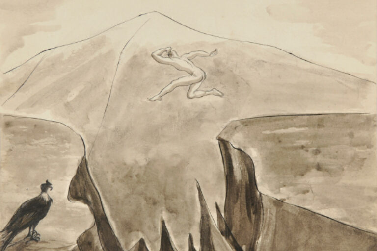 NUDE MALE JUMPING OVER A PRECIPICE