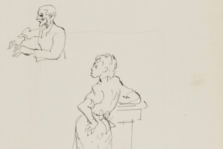 WOMAN LEANING AGAINST TABLE