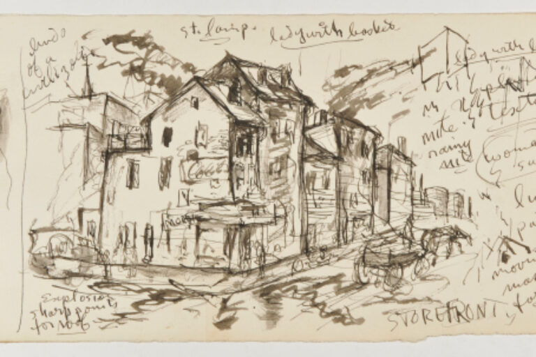 STREET SCENE WITH INSCRIPTIONS (RECTO); SKETCH OF A MAN (VERSO)