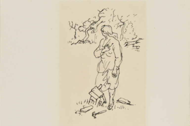 WOMAN WITH A BIRDHOUSE, LOOKING INTO THE WOODS
