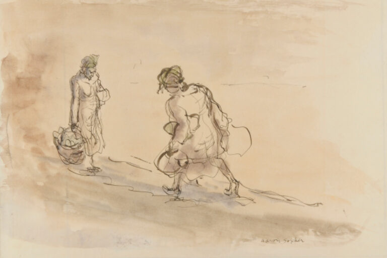 TWO WOMEN WALKING WITH BASKETS