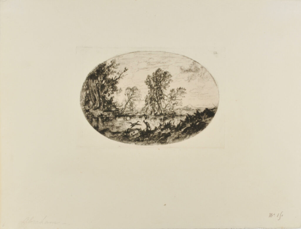 Landscape with two cranes on the edge of a pond