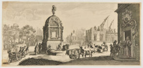 Large Water Fountain with Men Working on a Building in Background