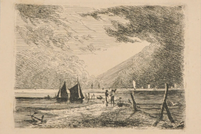 MARINE, WITH TWO SAILBOATS AND AN ANCHOR ON THE SHORE